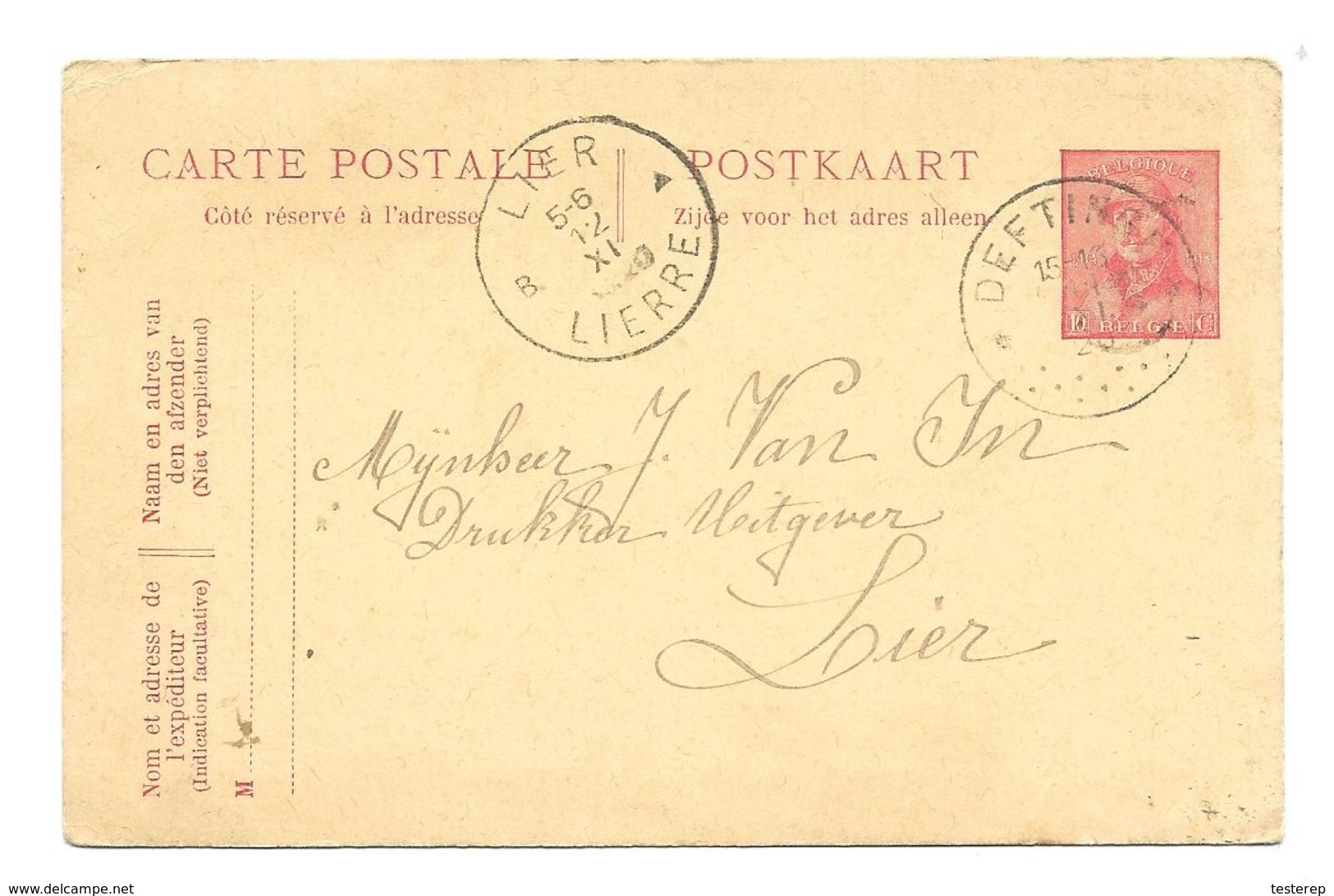 Cachet étoile /sterstempel * DEFTINGE*  11.11.1920 Entier 10 Ct Naar LIER - 1919-1920  Cascos De Trinchera