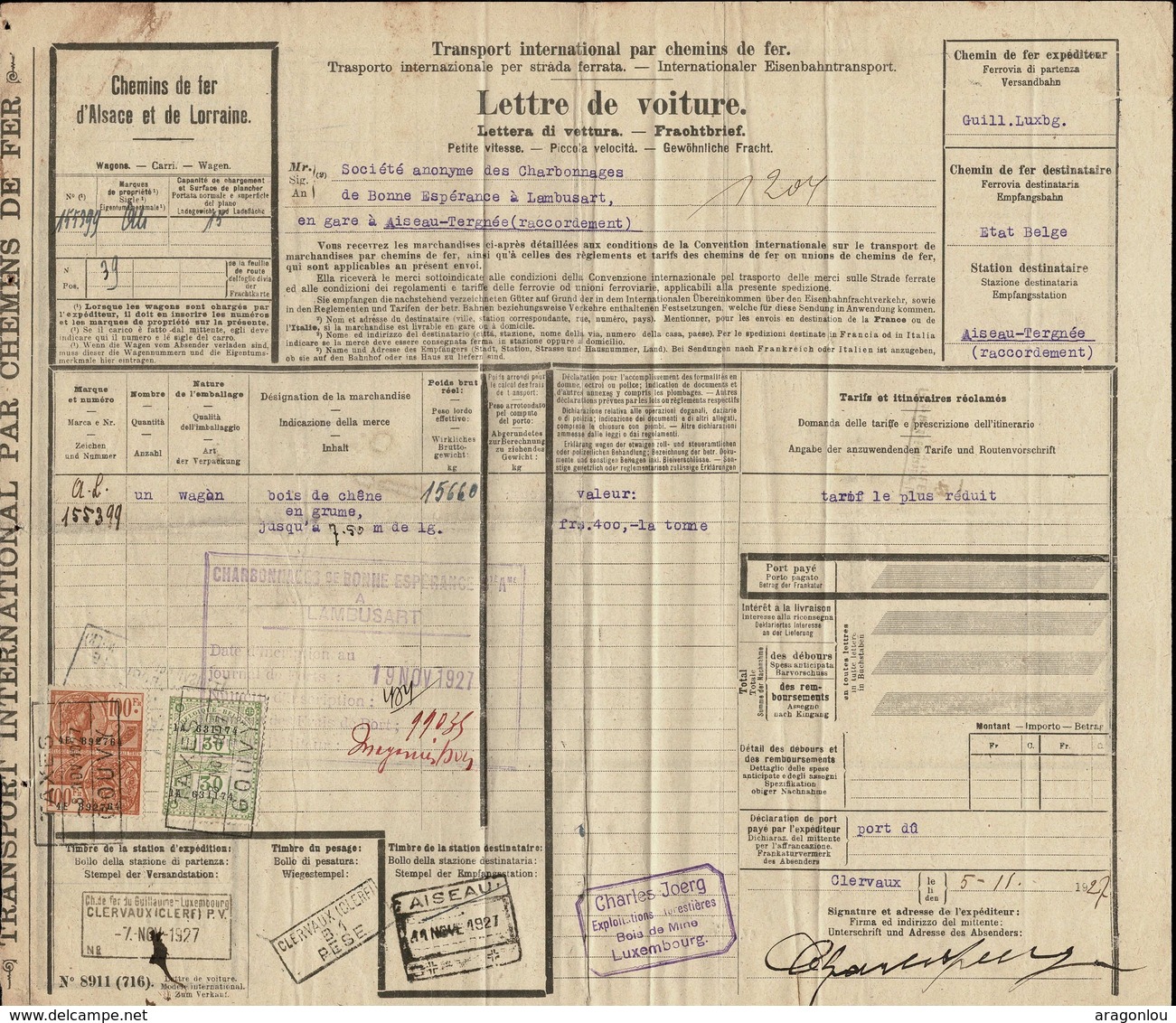 1927 Lettre De Voiture Chemins De Fer D'Alsace Et De Lorraine, 2 Timbres De Voiture10c./2 Timbres Taxes Belgique  3Scans - Autres & Non Classés