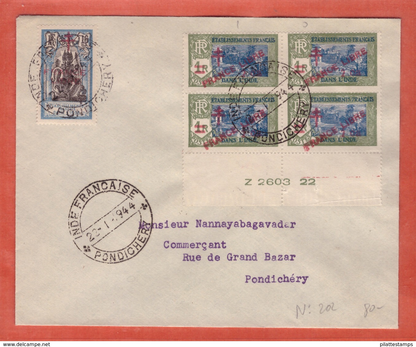 INDE FRANCE LIBRE N°202 AVEC VARIETES" PRANCE ET FRANOE" LETTRE DE 1944 DE PONDICHERY - Covers & Documents