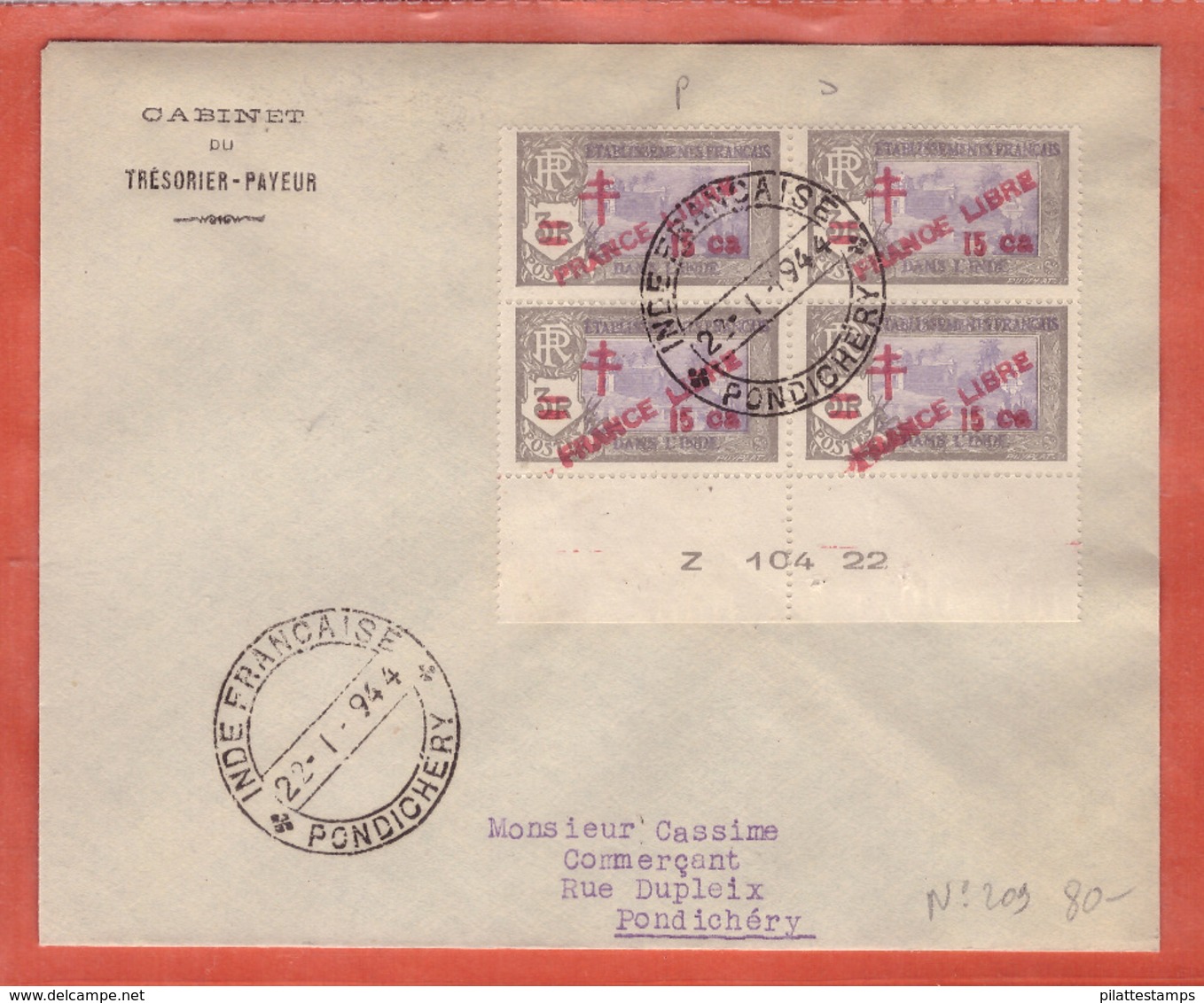 INDE FRANCE LIBRE N°209 AVEC VARIETES" PRANCE ET FRANOE" LETTRE DE 1944 DE PONDICHERY - Lettres & Documents