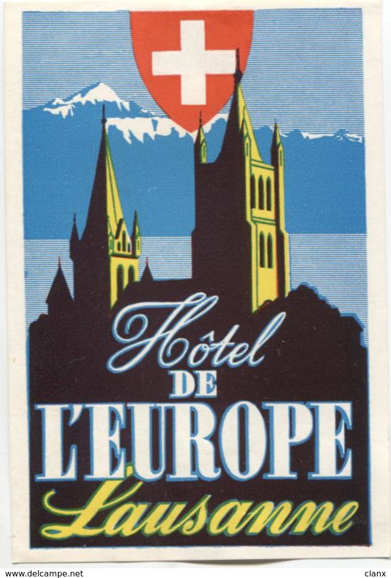 HOTEL DE L'EUROPE LAUSANNE Ca. 1940 Etiquette De Bagages - Hotel-Etikette - Suisse - Schweiz - Etiquettes D'hotels