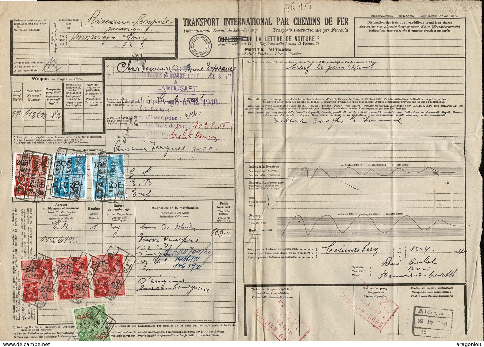 1940 Lettre De Voiture Chemins De Fer D'Alsace Et  Lorraine, 2 Timbres De Voiture Lux. 2F./7 Timb.taxes Belgique  3Scans - Autres & Non Classés