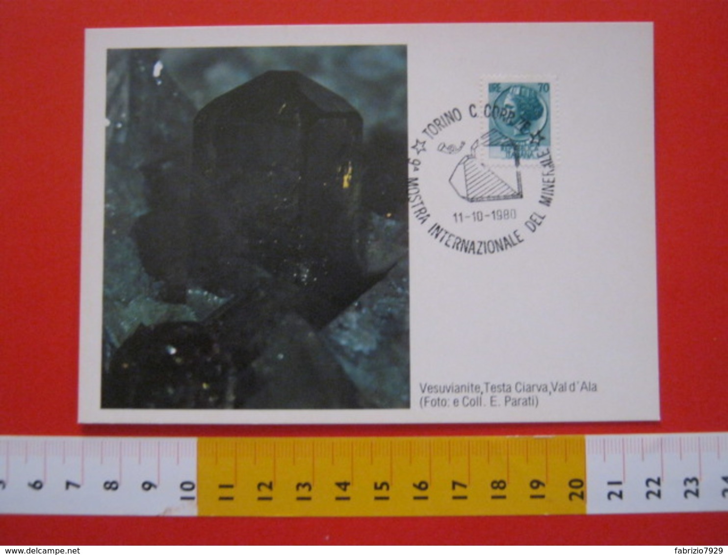 A.02 ITALIA ANNULLO - 1980 TORINO MOSTRA INTERNAZIONALE DEL MINERALE MINERAL CARD VESUVIANITE VAL D' ALA - Minerali