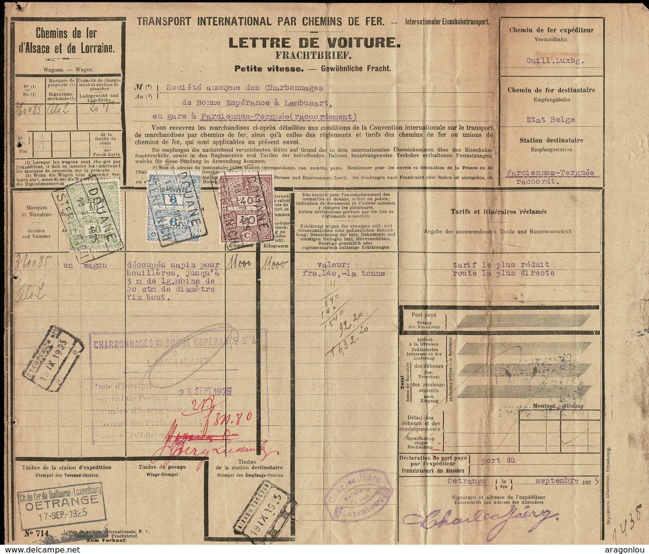 1925 Lettre De Voiture Chemins De Fer D'Alsace Et Lorraine,2 Timbres De Voiture Lux.2F./3 Timbres Taxes Belgique, 3Scans - Autres & Non Classés
