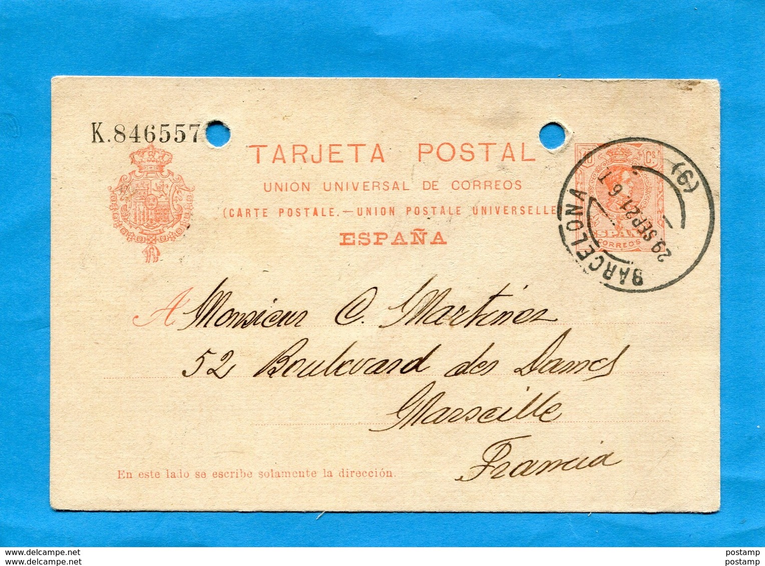 ESPAGNE-Carte Entier Postal-numérotée K 846557-10Cts Rouge Alphonse XIII- Cad 1923-pour Françe - 1850-1931