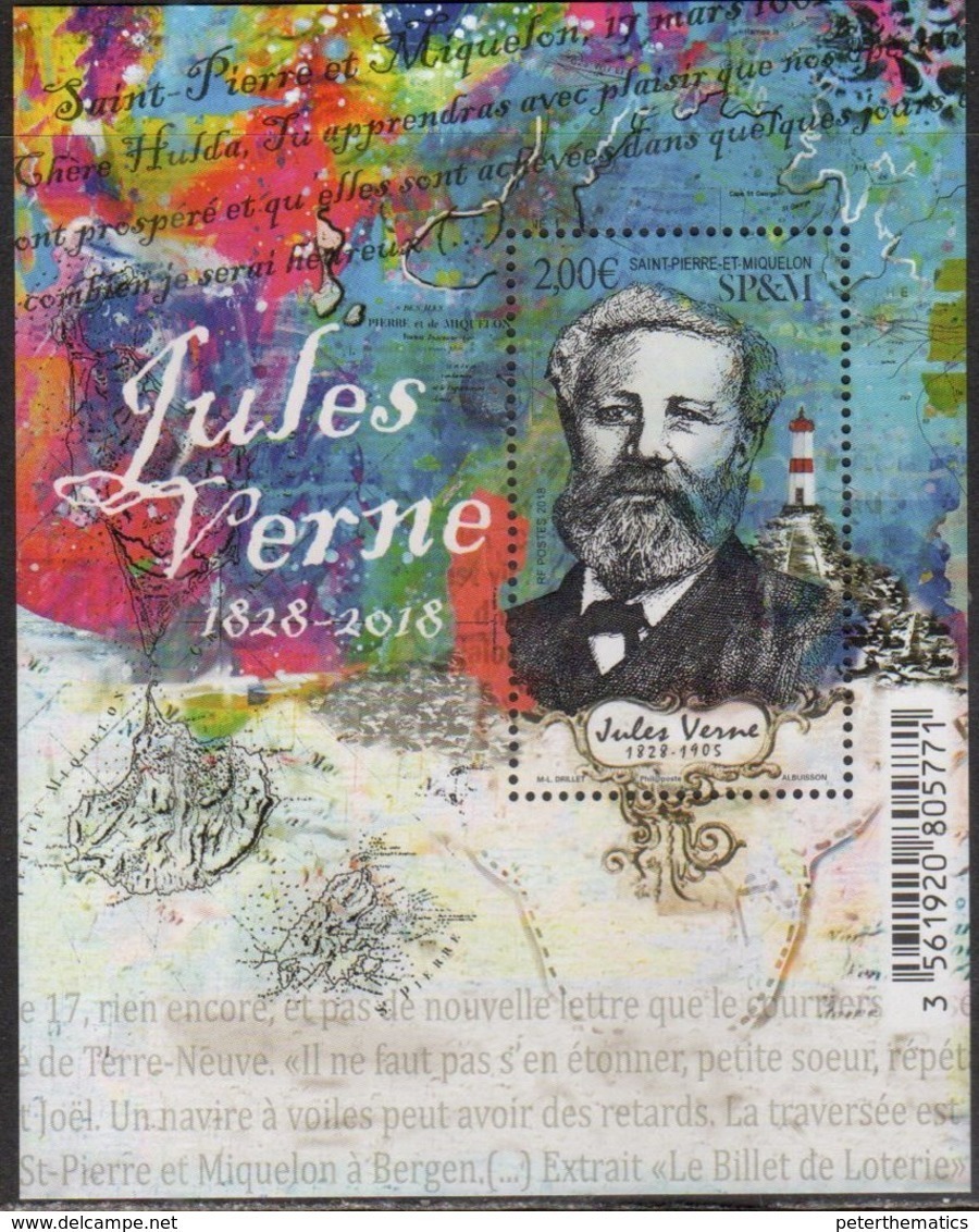 ST. PIERRE ET MIQUELON, SPM, 2018, MNH, WRITERS, JULES VERNE, LIGHTHOUSES, S/SHEET - Writers