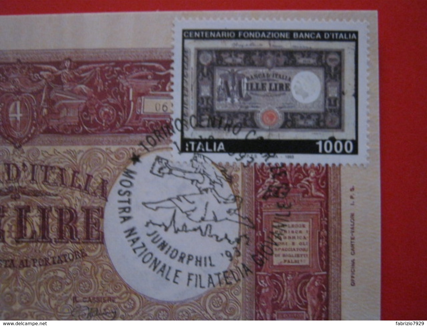 A.02 ITALIA ANNULLO - 1993 TORINO JUNIORPHIL FILATELIA GIOVANILE BANCONOTA 1000 LIRE MAXIMUM - Monete