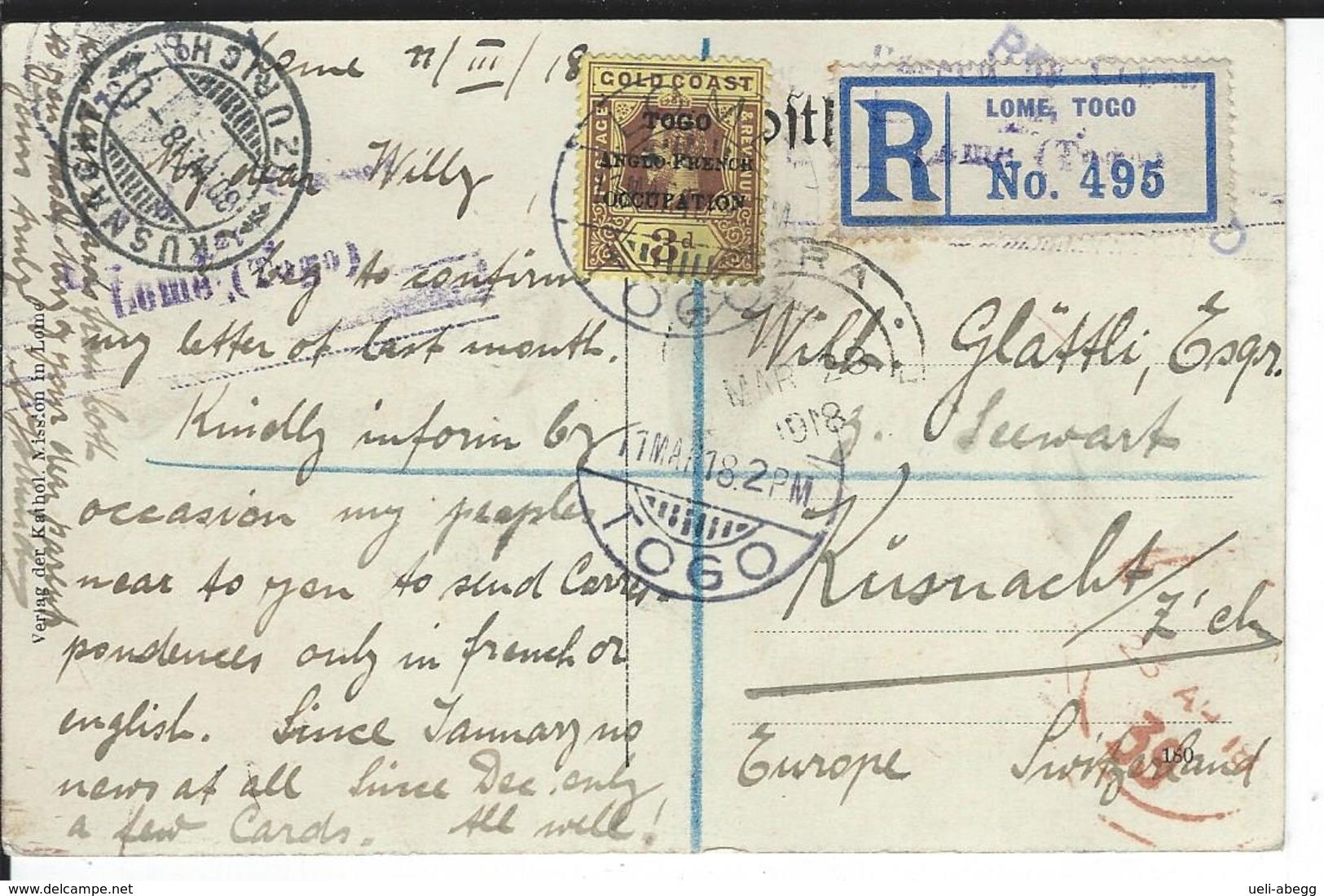 Togo Registered Postcard SG H51, Mi 39 Lome 11.3.18 To Küsnacht CH - Autres & Non Classés