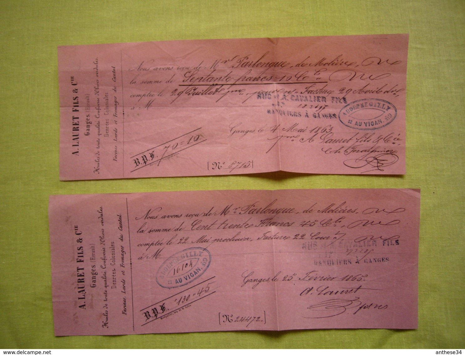 Lot De 2 Reçus 1863 Huile Olive Lauret & Fils Ganges Hérault - 1800 – 1899