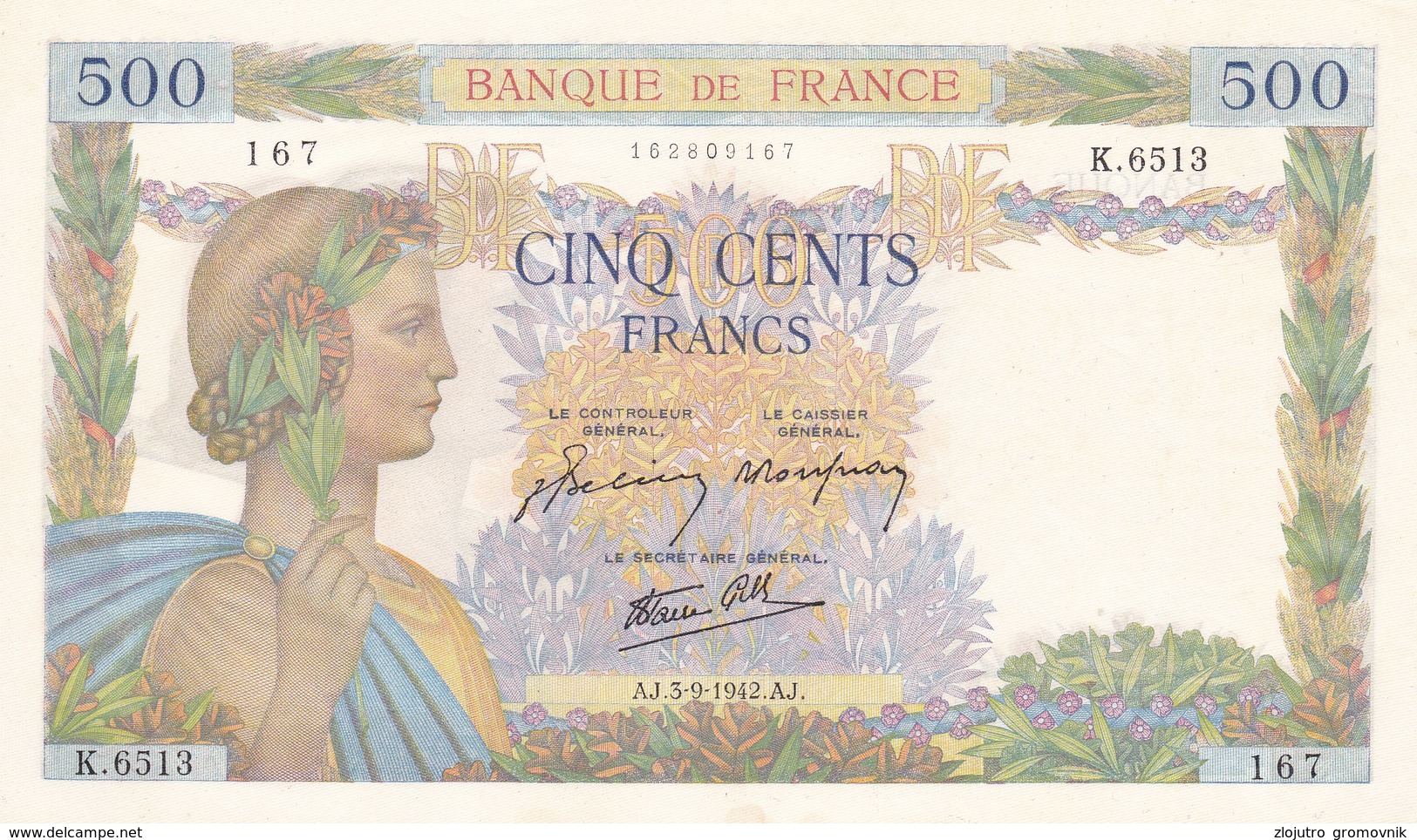 500 Francs  UNC !!! - 500 F 1940-1944 ''La Paix''