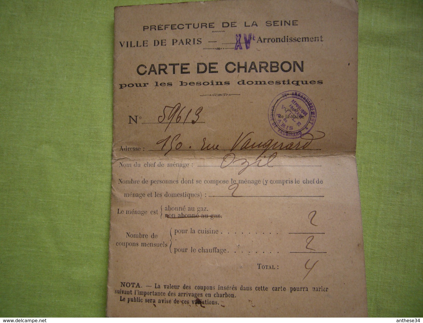 Lot De Cartes Alimentation, Charbon, Sucre, Ville De Paris - 1939-45