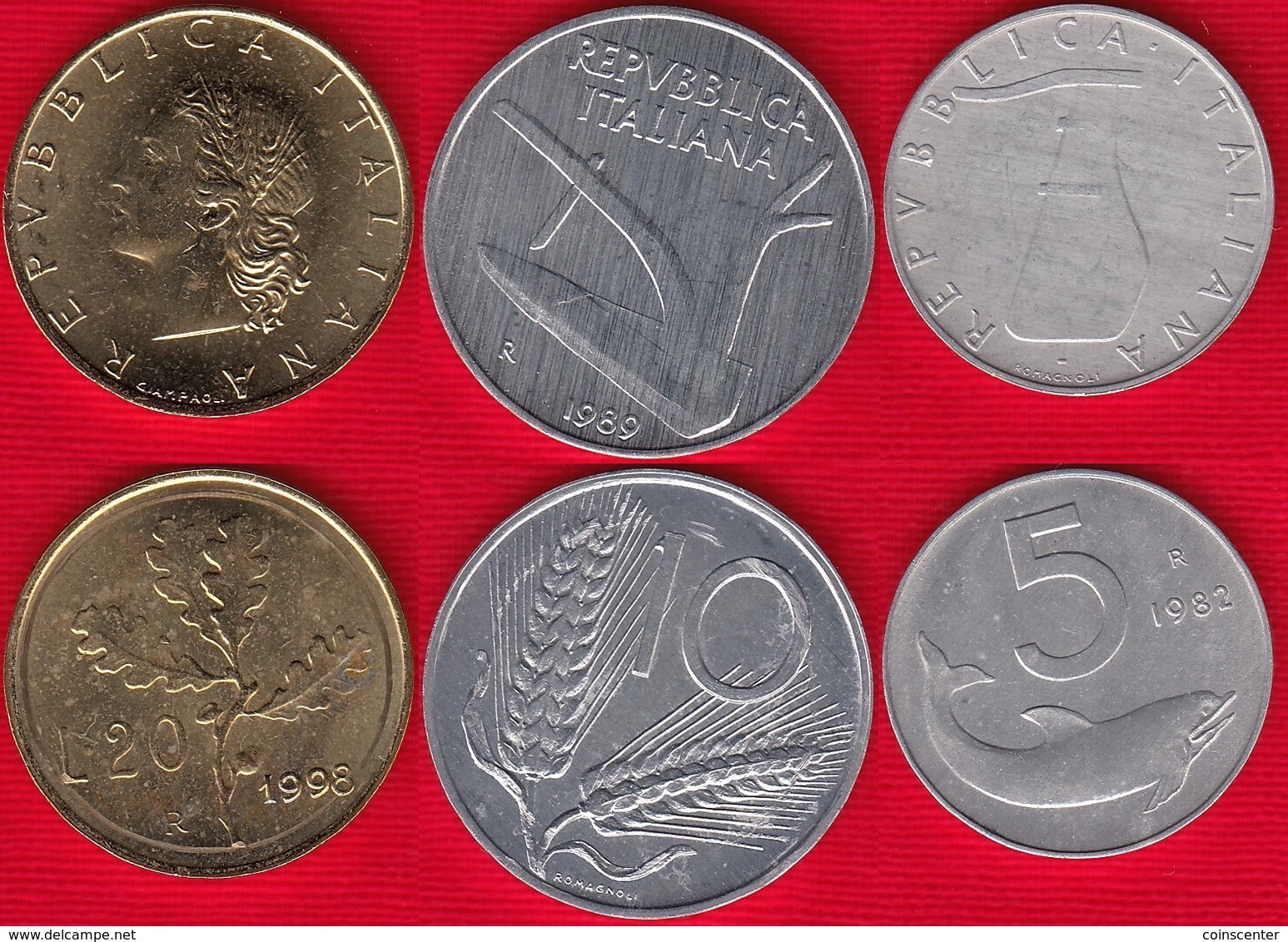 Italy Set Of 3 Coins: 5 - 20 Lire 1982-1998 UNC - Other & Unclassified