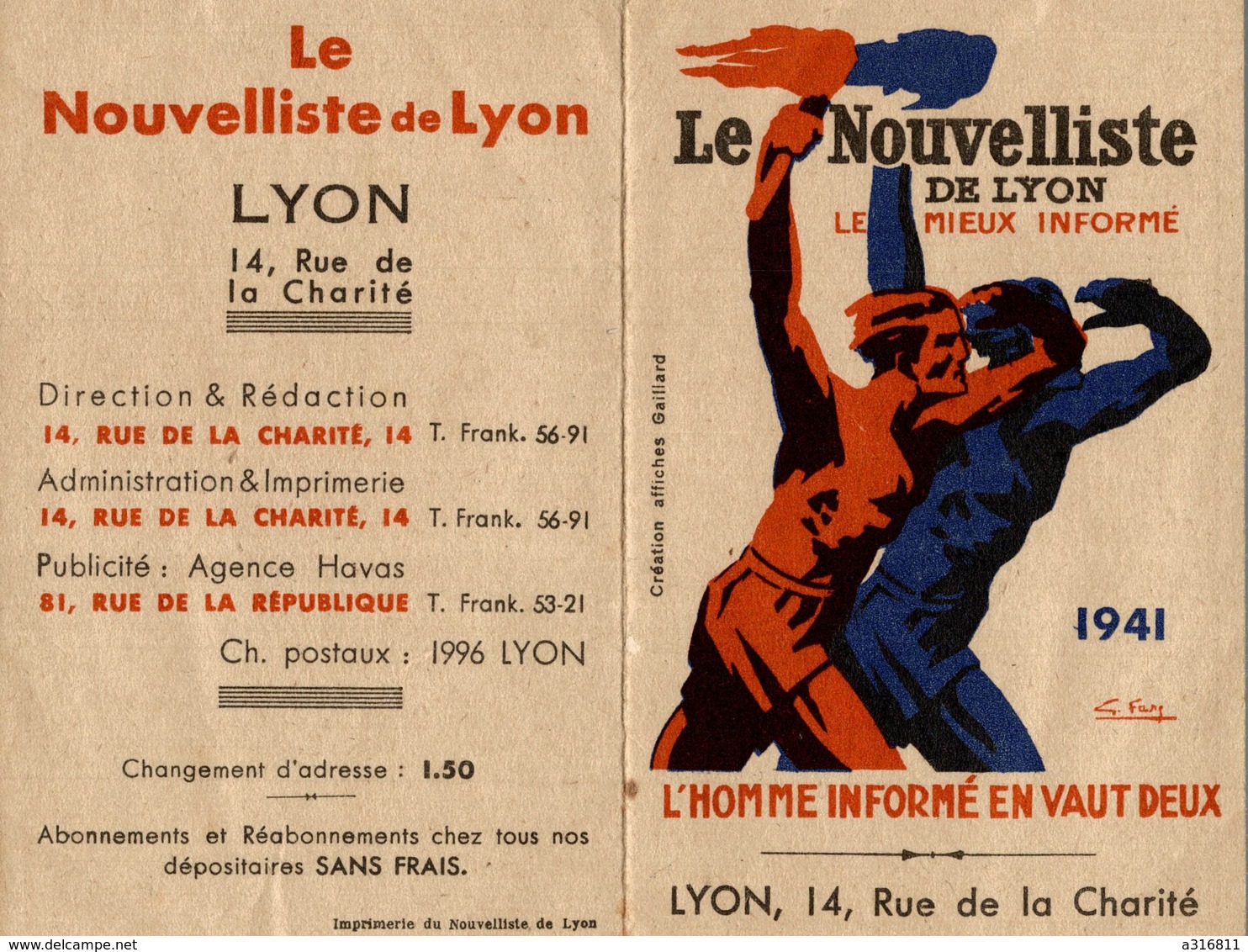 PETIT CALENDRIER  LE NOUVELLISTE A LYON 1941 - Petit Format : 1941-60