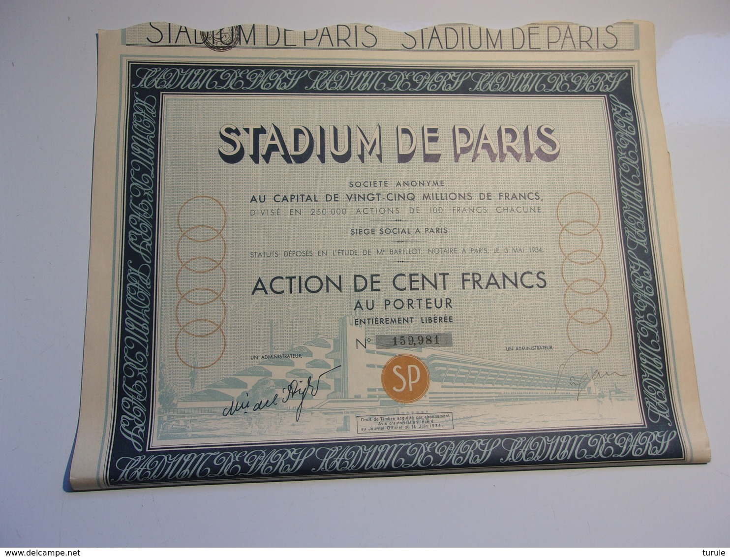 STADIUM DE PARIS (100 Francs) 1934 - Autres & Non Classés