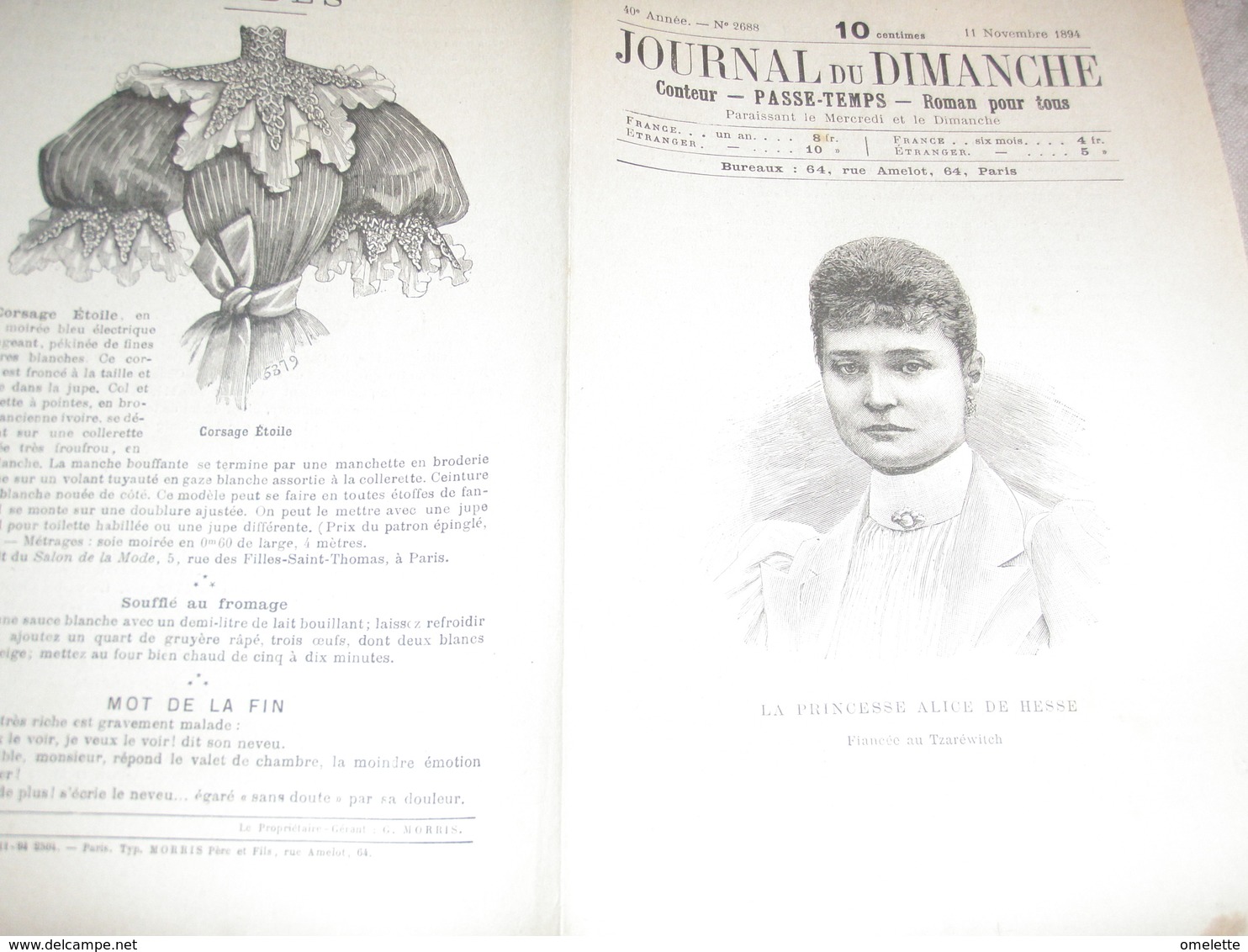 JOURNAL DU DIMANCHE / PRINCESSE ALICE DE HESSE FIANCEE AU TZAREWITCH - 1850 - 1899