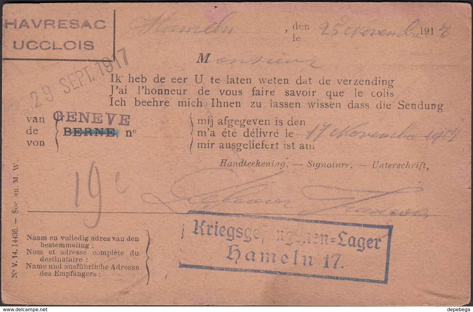 WW1, 1917 POW - Kriegsgefangenensendung - HAMELN LAGER 17 - Geneve (Red Cross)- Brüssel (Bruxelles). - Storia Postale