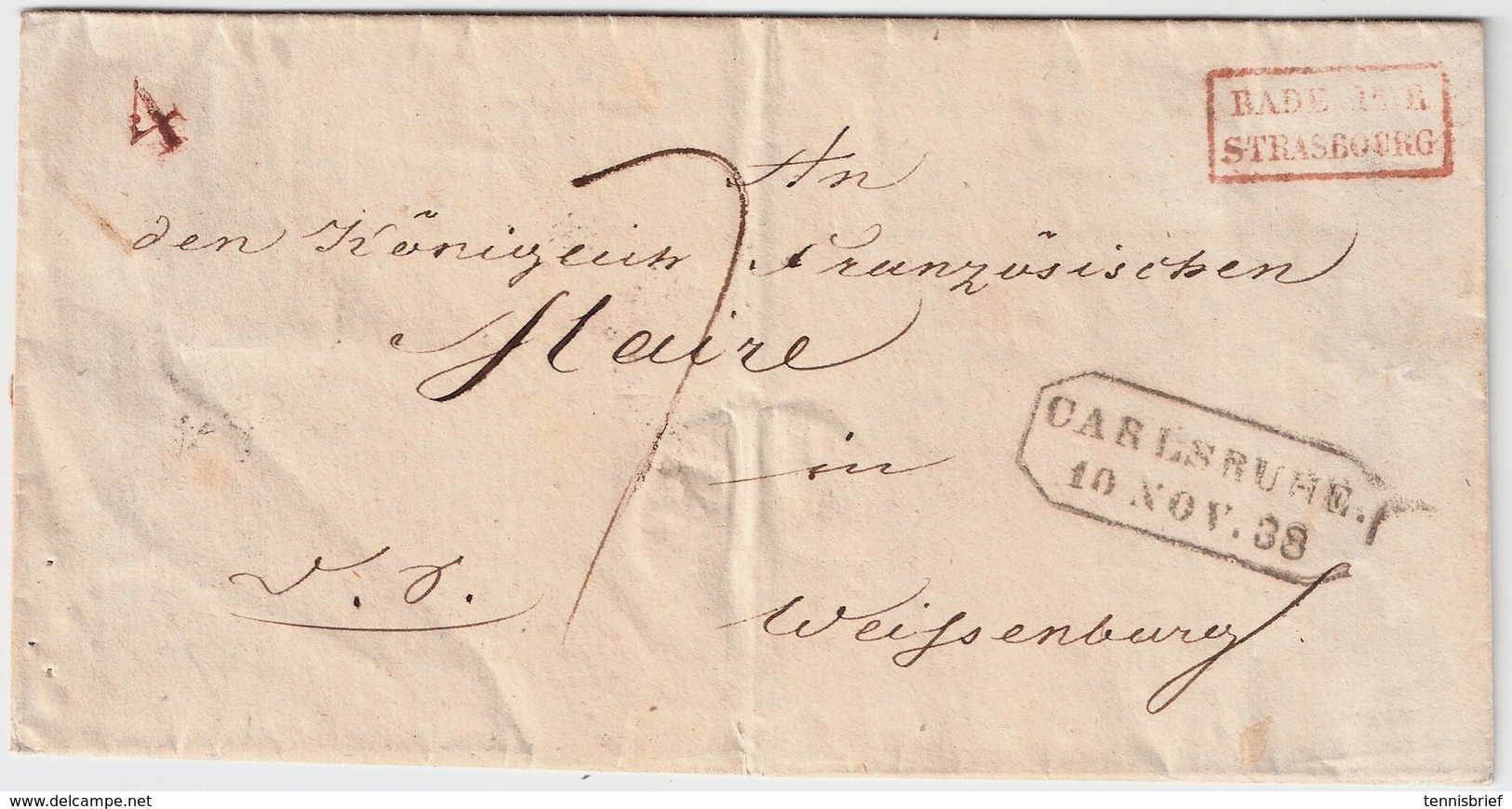 1838, BADE PAR STRASBOURG (Rupp FF 400.-)    , #a1530 - Marques D'entrées