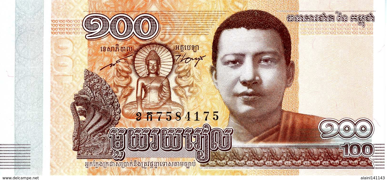 CAMBODGE - National Bank Of Cambodia - 100 Riels 2014  - Série ខភ 7584175 - Bouddha - Temple - P.65 -  UNC - Cambodge