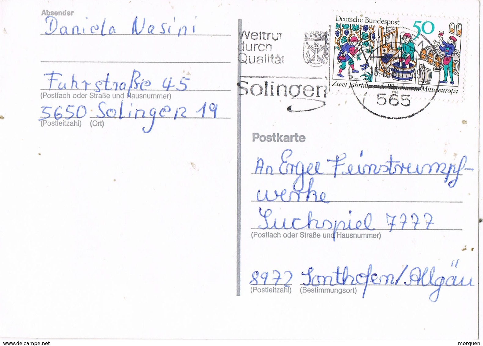 30723. Tarjeta SOLINGEN (Alemania Federal) 1980. Weltrut Durch Qualitat - Cartas & Documentos