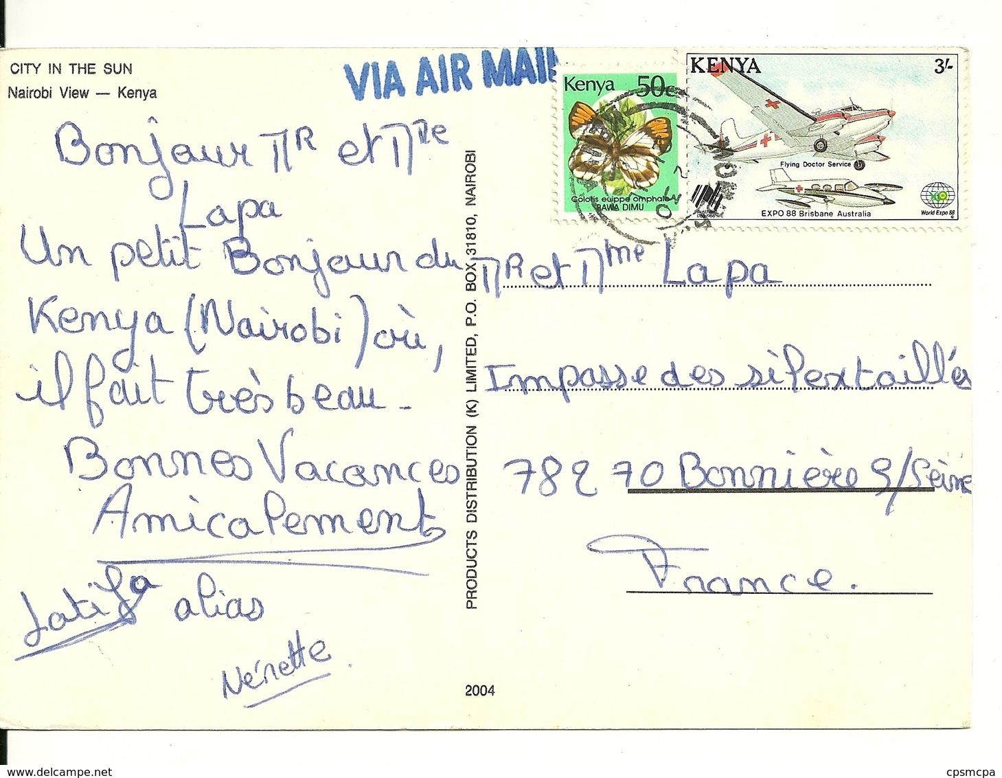 KENYA - 3'- AVIATION + 50c PAPILLON  Sur CARTE POSTALE NAIROBI - Kenya (1963-...)