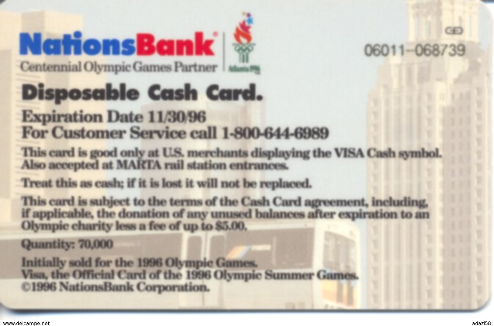 USA Nations Bank / Atlanta 1996  Olympic Games / Visa Cash $20 / Quantity=70,000ex - Tarjetas De Crédito (caducidad Min 10 Años)