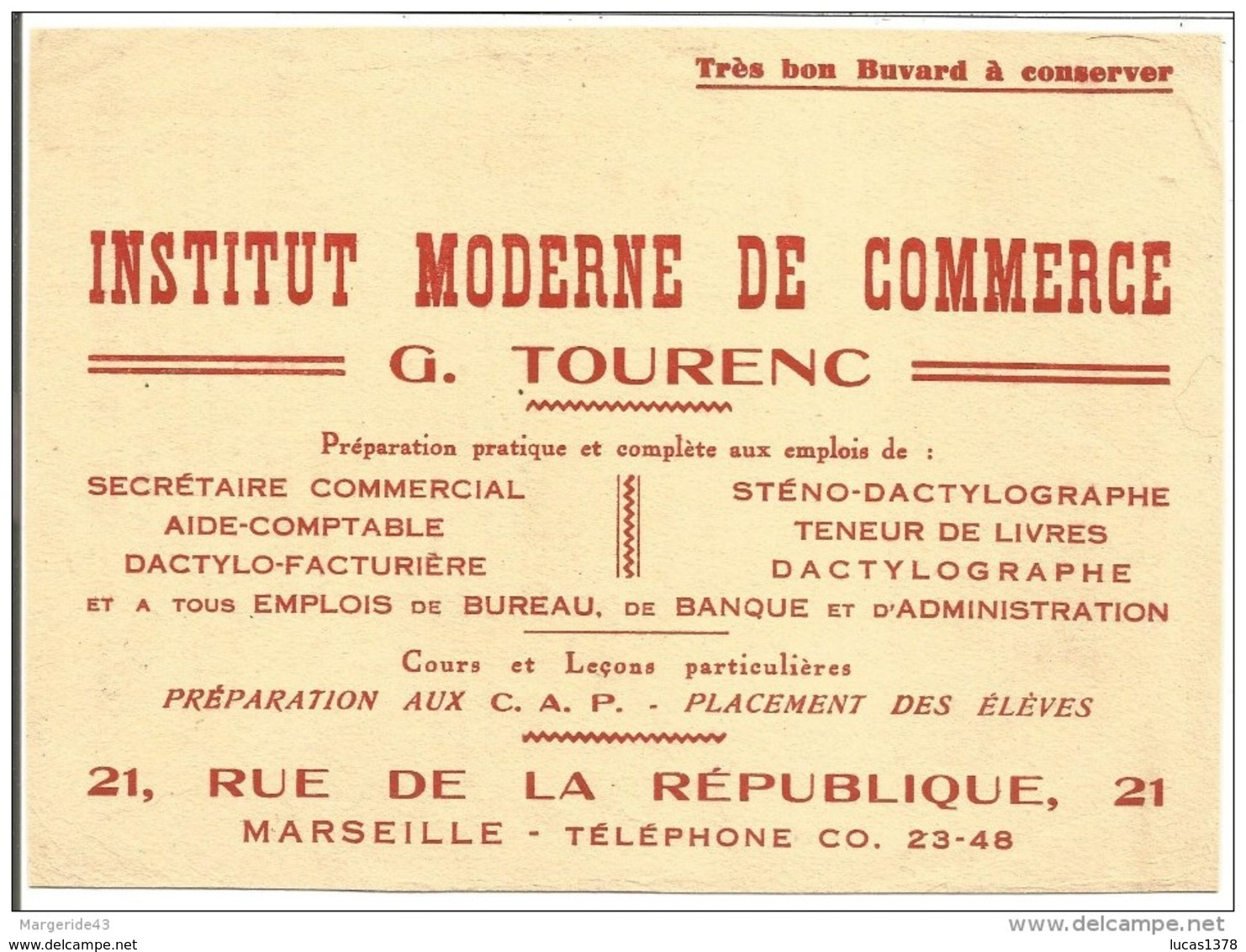 MARSEILLE- BUVARD INSTITUT MODERNE COMMERCE- G. TOURENC- 21 RUE REPUBLIQUE- ECOLE AIDE COMPTABLE-DACTYLO- - E