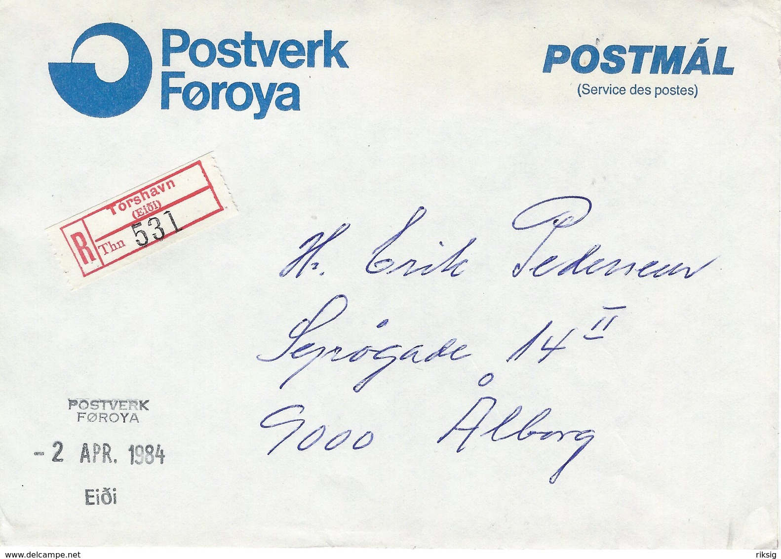 Faroe Islands. R-Cover Sent To Denmark 1984. Service Des Postes.  H-1423 - Faroe Islands