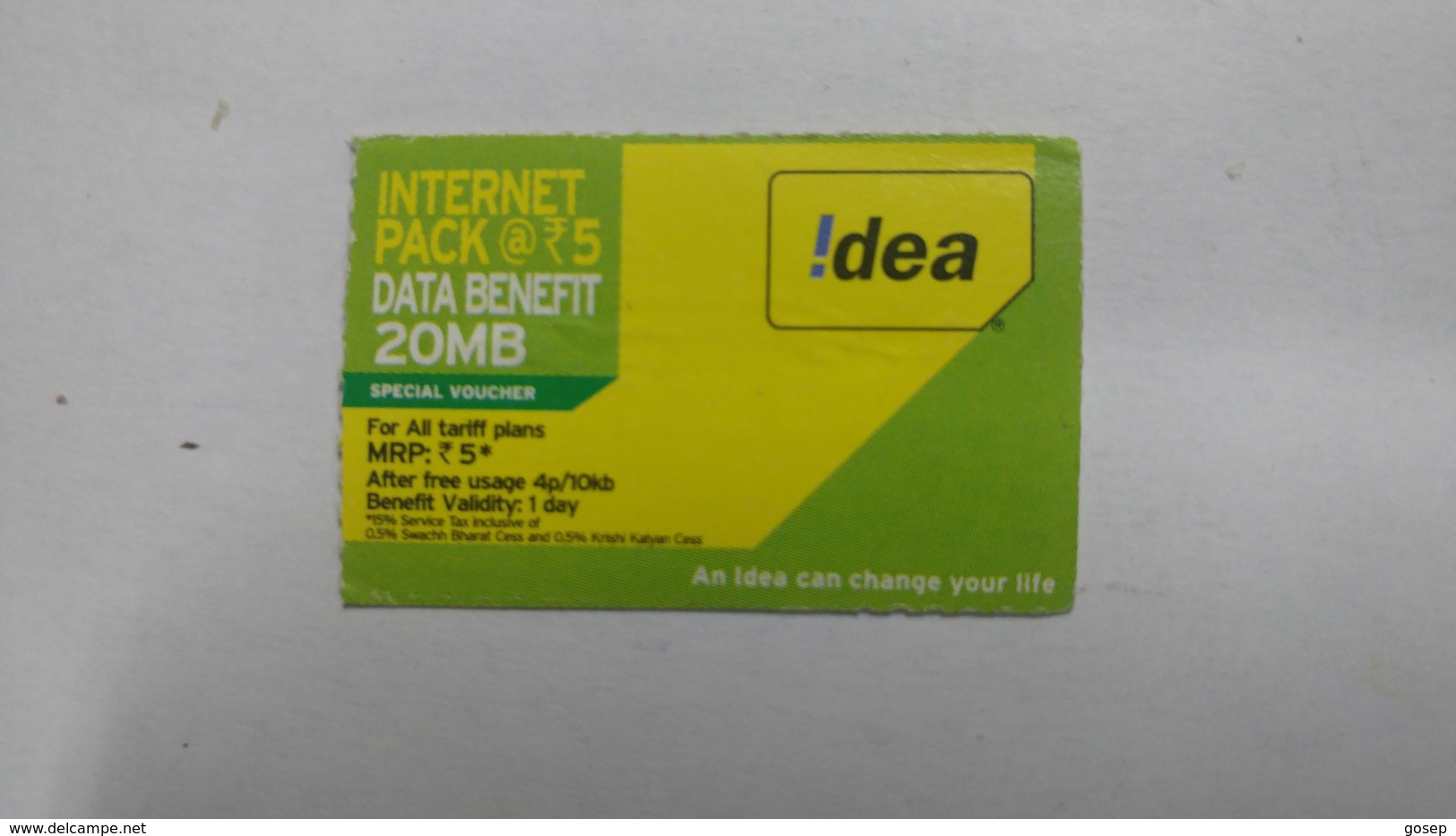 India-idea-internet Pack 20mb-card-(34b)-(20mb)-(196883775585507)-(banglor)-(6/2016)-card Used+1 Card Prepiad Free - Indien