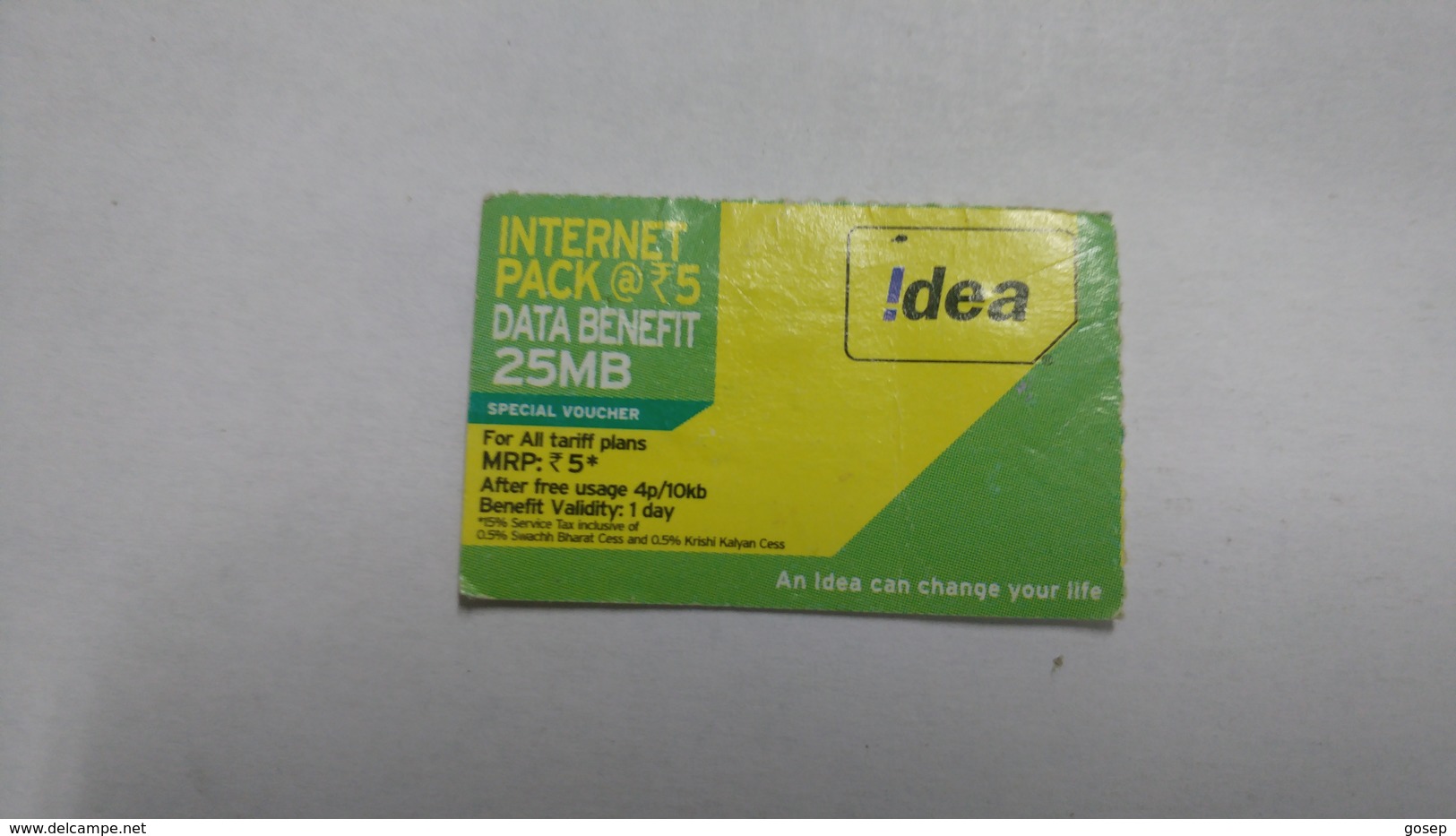 India-idea-internet Pack 25mb-card-(34c)-(rs.5)-(183956342950202)-(banglor)-(10/2016)-card Used+1 Card Prepiad Free - India