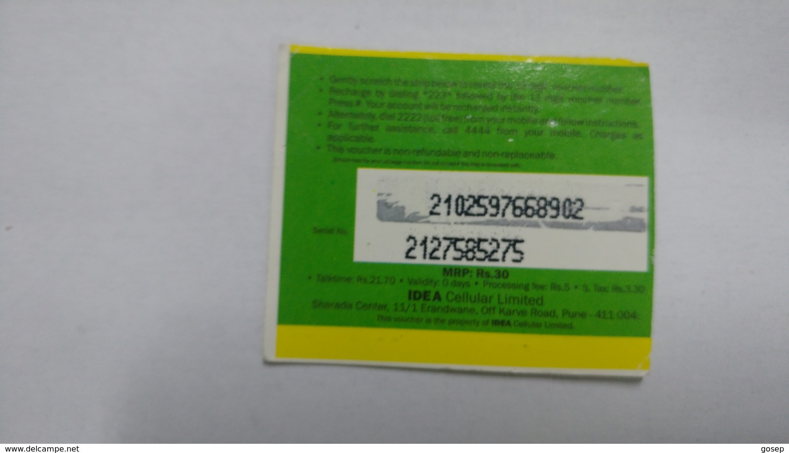 India-idea-full Talktime-card-(34f)-(rs.30)-(2102597668902)-(pune)-()-card Used+1 Card Prepiad Free - India