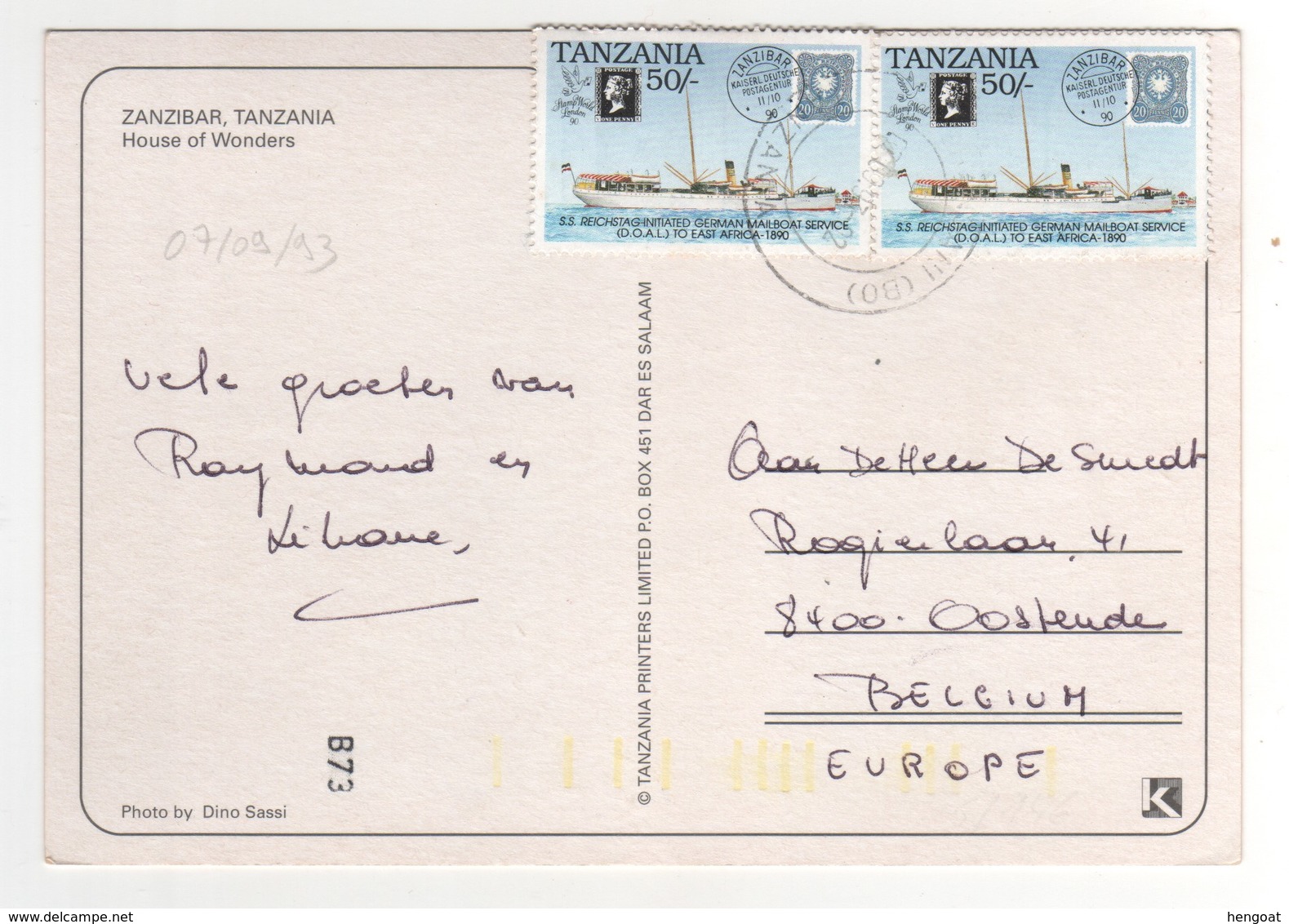 Beau Timbre , Stamp " Bateau  "  Sur Cp , Carte , Postcard De Zanzibar Du 07/09/1993 - Tanzanie (1964-...)