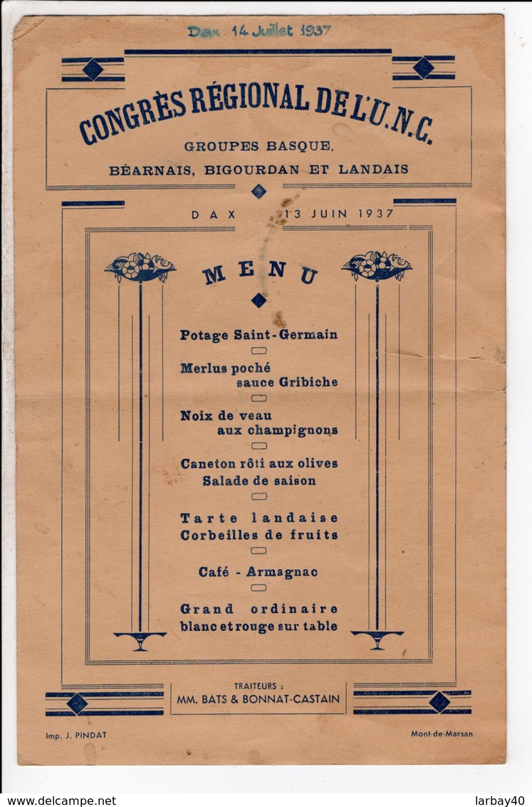 Menu Du Congres Regional De L Unc 1937 A Dax Illustrateur Cel Le Gaucher A La Soupe - Menus