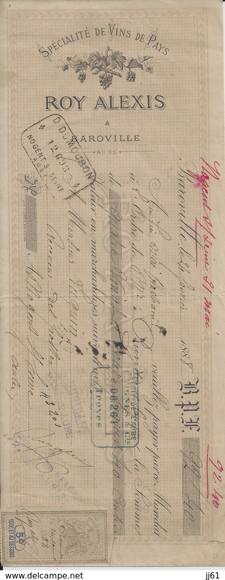 BAROVILLE ROY ALEXIS SPECIALITE DE VINS DE PAYS CACHET DUMOURON NOGENT SUR SEINE ET VIGNES TROYES TIMBRE ANNEE 1888 - Autres & Non Classés