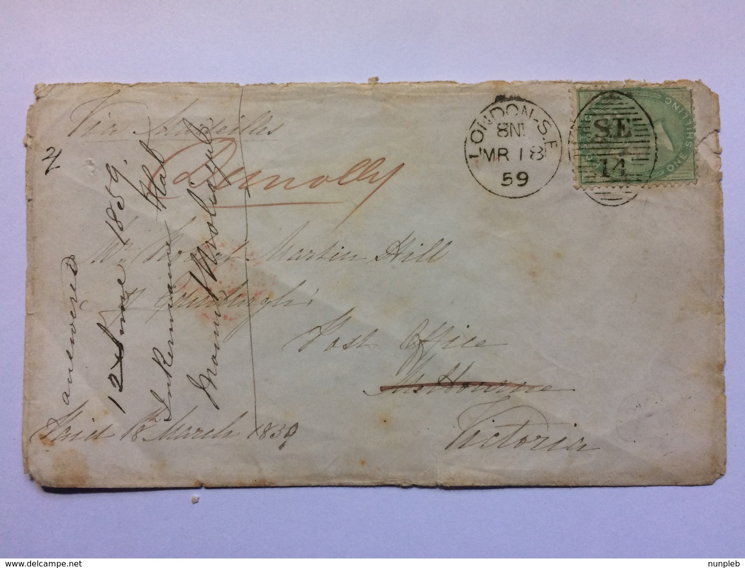GB - Victoria 1859 Cover - Greenwich To Dunolly Australia Tied With 1/- SG 73 Plate 1 Additional Melbourne Marks - Briefe U. Dokumente