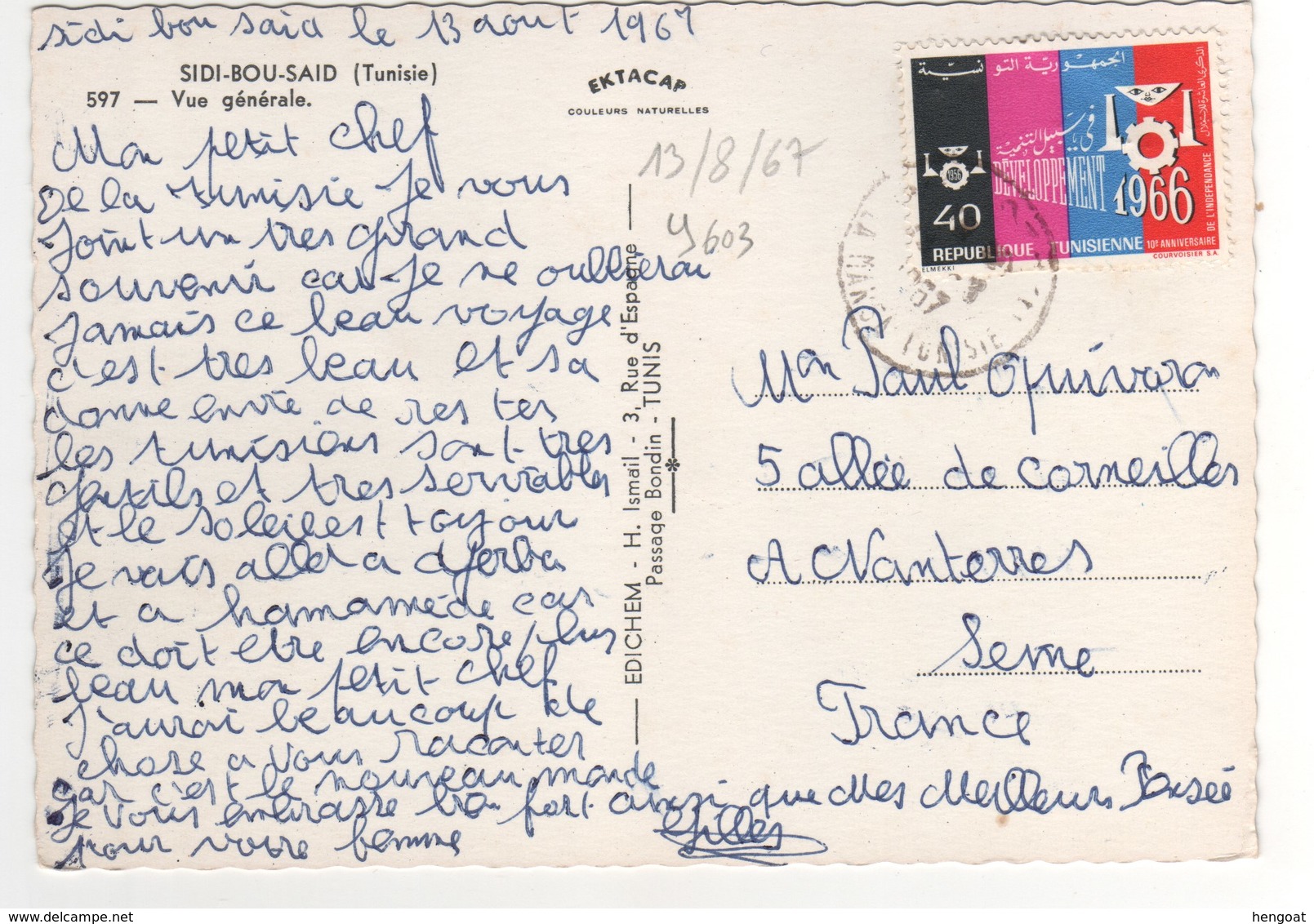 Beau Timbre , Stamp  " Développement 1966 "  Sur Cp , Carte , Postcard  Pour La France - Tunisie (1956-...)