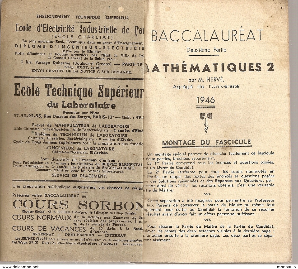 Livres. Scolaires. Annales Développées. 1946. Baccalauréat Deuxième Partie. Mathématiques 2. M. Hervé - 12-18 Ans