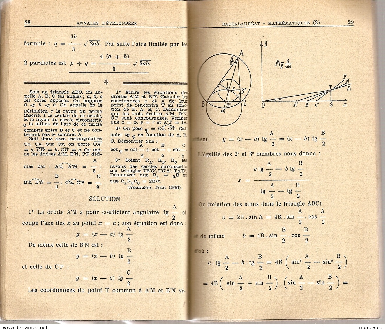 Livres. Scolaires. Annales Développées. 1946. Baccalauréat Deuxième Partie. Mathématiques 2. M. Hervé - 12-18 Ans