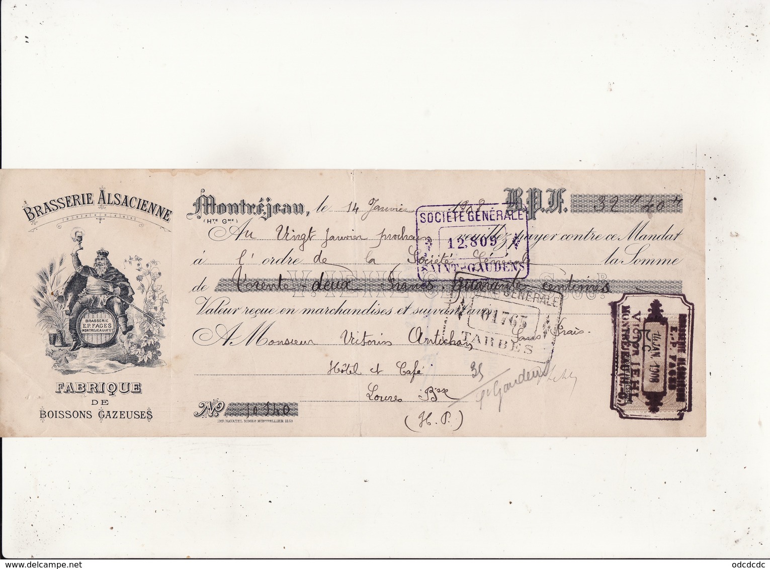 BRASSERIE  ALSACIENNE  FABRIQUE DE BOISSONS GAZEUSES  Montréjeau 14 Janv 1908 Timbre 5c  Cachet Victot IEHL  Montrejeau - Lettres De Change