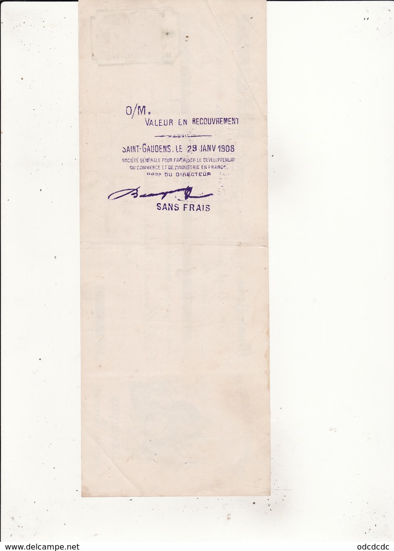 BRASSERIE  ALSACIENNE  FABRIQUE DE BOISSONS GAZEUSES  Montréjeau 14 Janv 1908 Timbre 5c  Cachet Victot IEHL  Montrejeau - Lettres De Change