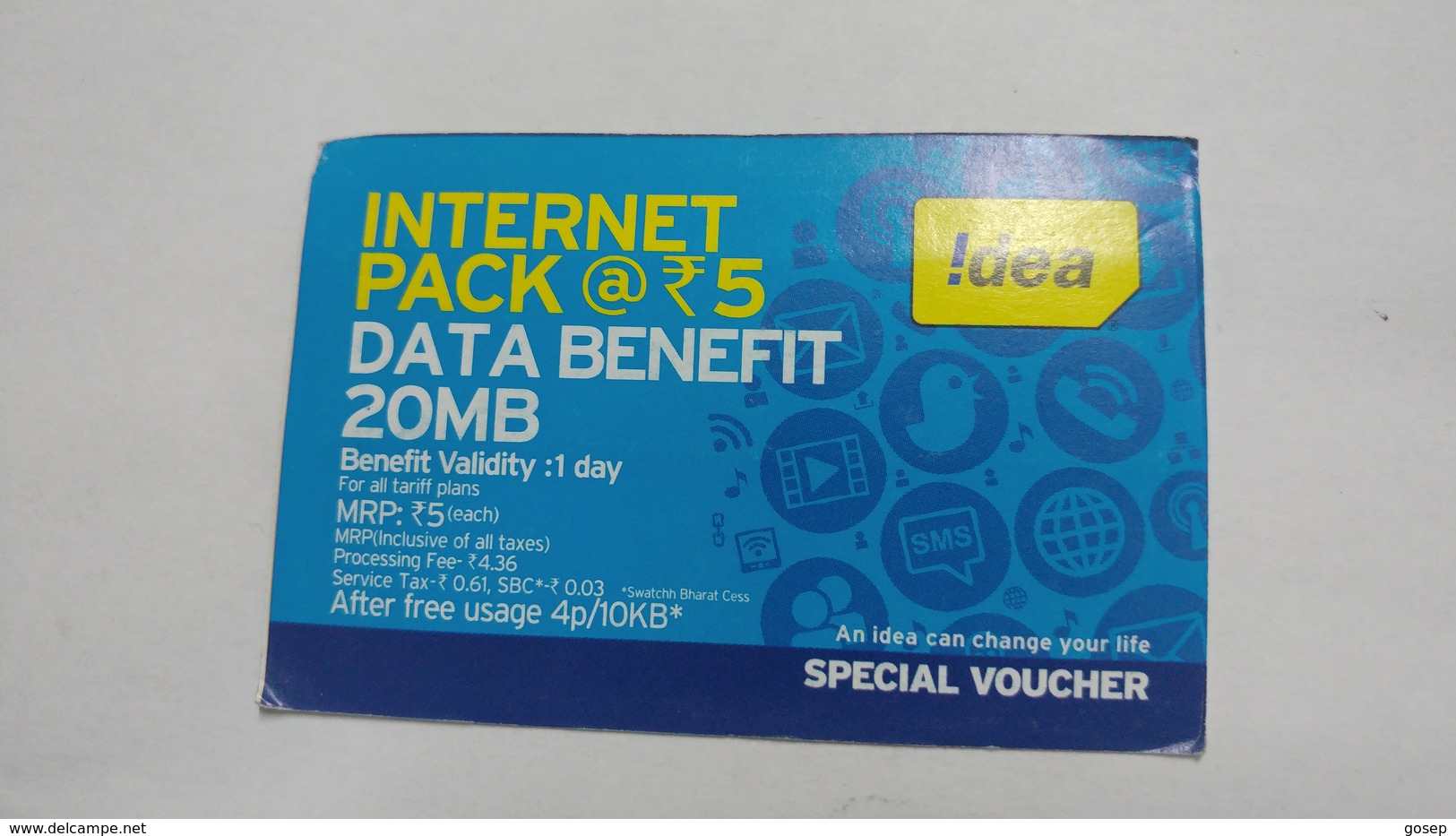 India-idea-internet Pack-(36)-(20mb)-(322816275085506)-(bangalore)-(3/2016)-card Used+1 Card Prepiad Free - Indien