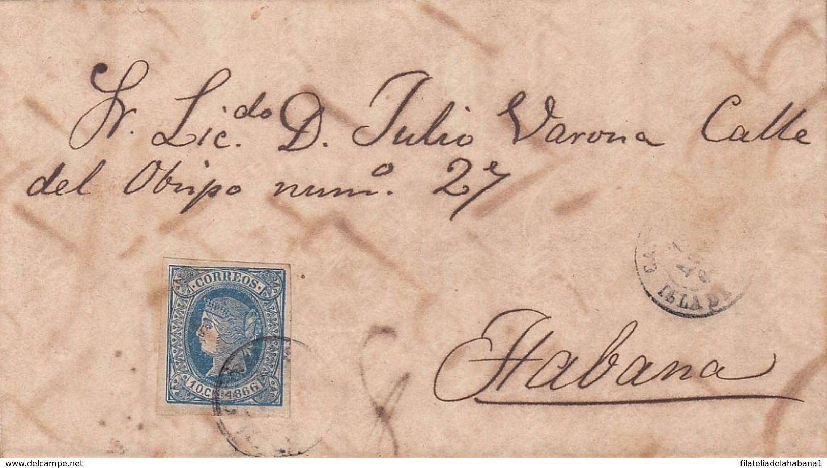 1866-H-34 CUBA SPAIN. ANTILLAS. 1866. ISABEL II. 10c. SOBRE DE CARDENAS A LA HABANA. FECHADOR - Prephilately