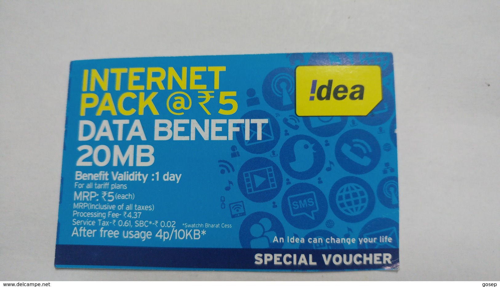 India-idea-internet Pack-(36a)-(20mb)-(704118986027201)-(bangalore)-(4/2016)-card Used+1 Card Prepiad Free - Indien