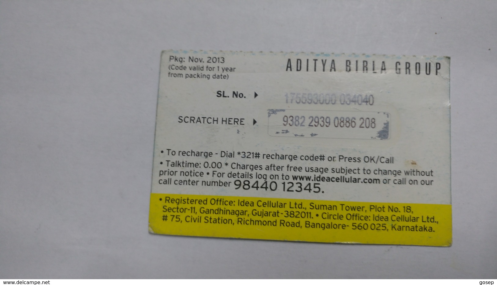 India-idea-internet Pack-(36b)-(25mb)-(938229390886208)-(bangalore)-(11/2013)-card Used+1 Card Prepiad Free - Indien