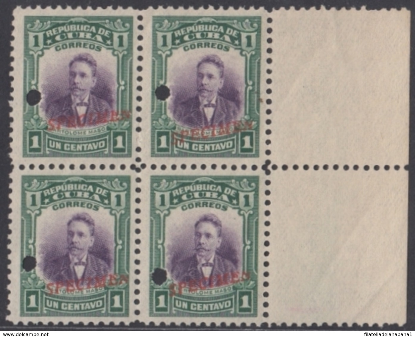 1910-163 CUBA REPUBLICA. 1910. PATRIOTAS. 1c BARTOLOME MASO SPECIMEN. MNH. BLOCK 4 BORDE DE - Ongebruikt