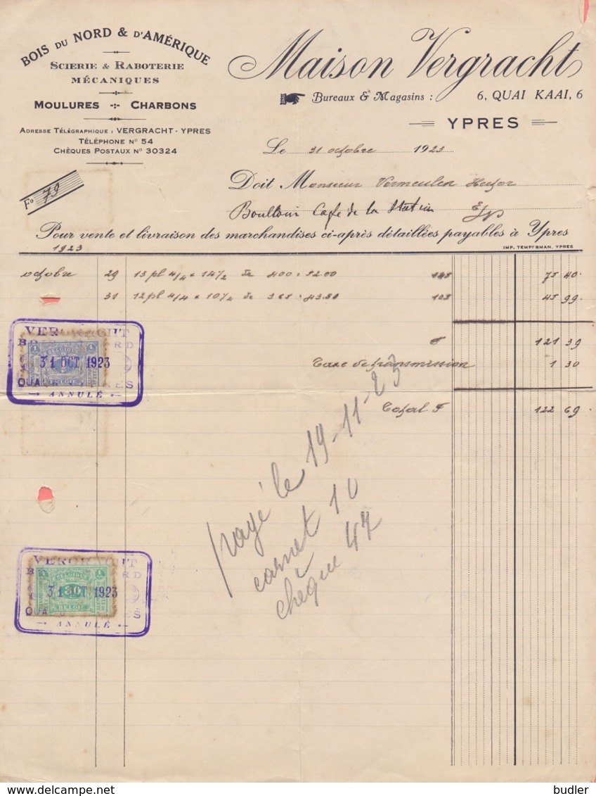 1923: Facture De La ## Maison VERGRACHT, Quai, 6/Kaai, 6, YPRES ## à ## Mr. Hector VERMEULEN, Café De La Station, E/V ## - Other & Unclassified