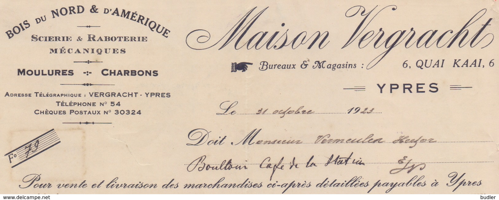 1923: Facture De La ## Maison VERGRACHT, Quai, 6/Kaai, 6, YPRES ## à ## Mr. Hector VERMEULEN, Café De La Station, E/V ## - Other & Unclassified