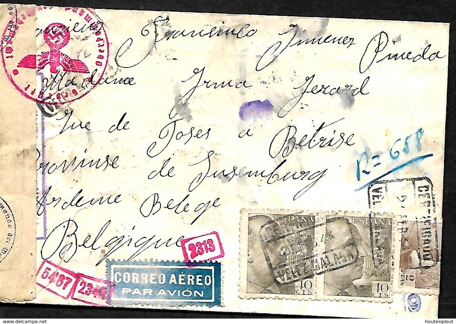 L. Rec. Avion Malaga > Bertix (Belgique) 1944  Censure Allemande  Absent   Taches - Lettres & Documents