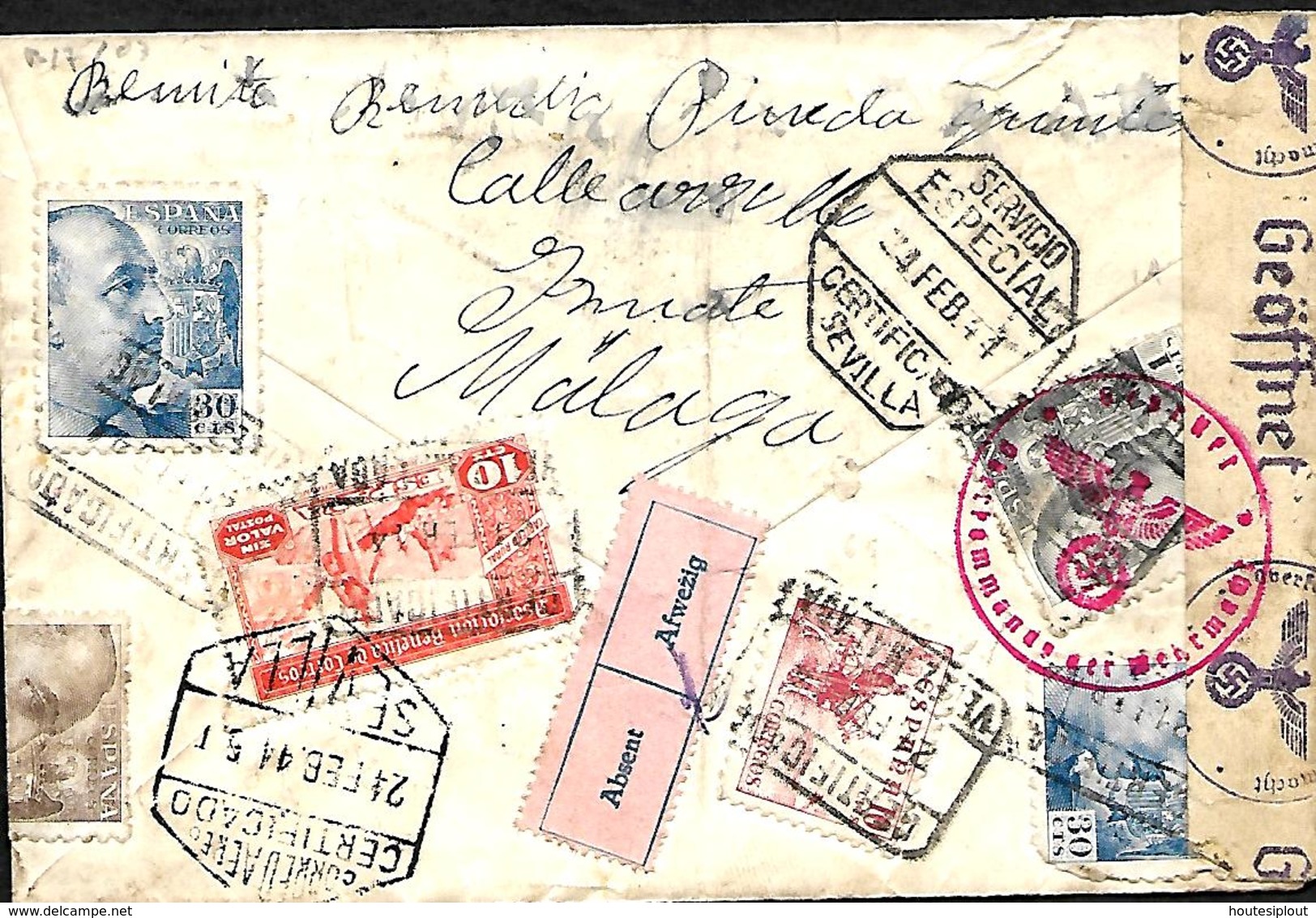 L. Rec. Avion Malaga > Bertix (Belgique) 1944  Censure Allemande  Absent   Taches - Lettres & Documents