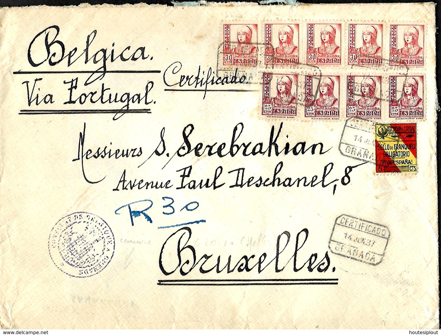 L. Rec. Granada > Bruxelles 1937  Censure Espagnole (faible) + "No Contiene Billetes" - Lettres & Documents