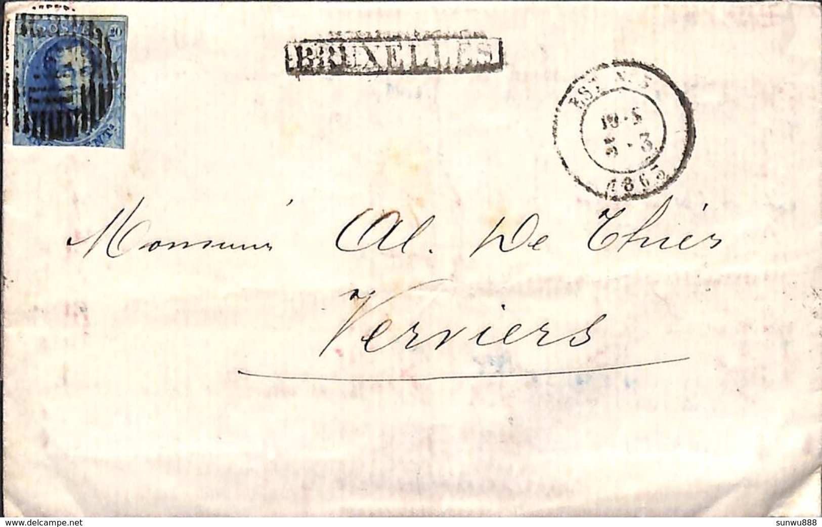 20 Cent Verviers 1863 Sur Pli - Griffe  Encadrée Bruxelles - Other & Unclassified